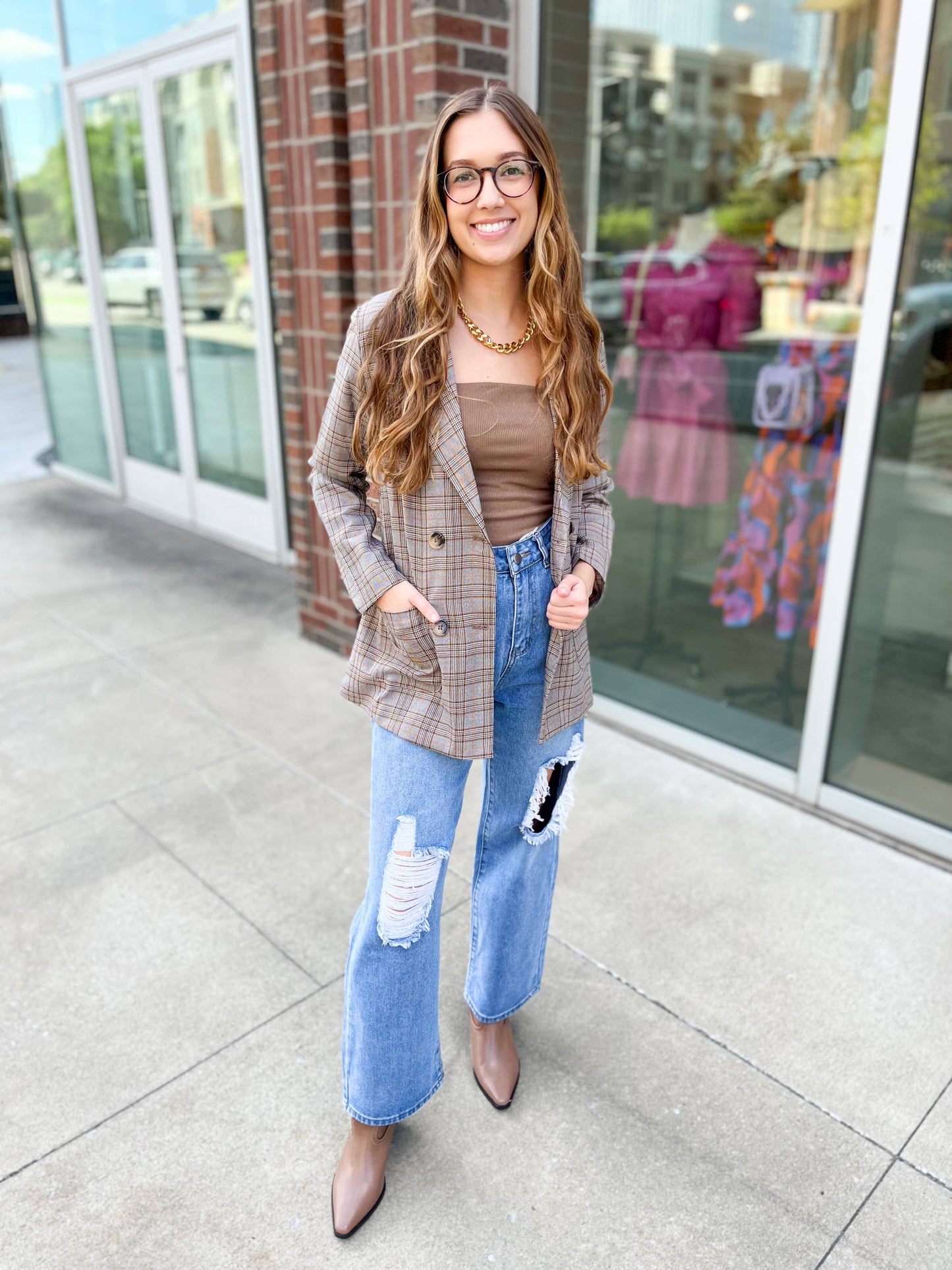 Preptastic Brown Orange Plaid Blazer: S