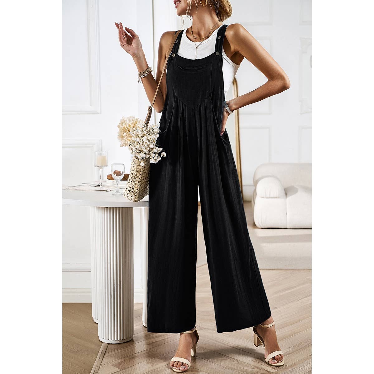 Solid Wide Leg Pocketed Shoulder Tie Overalls: Rust / XL