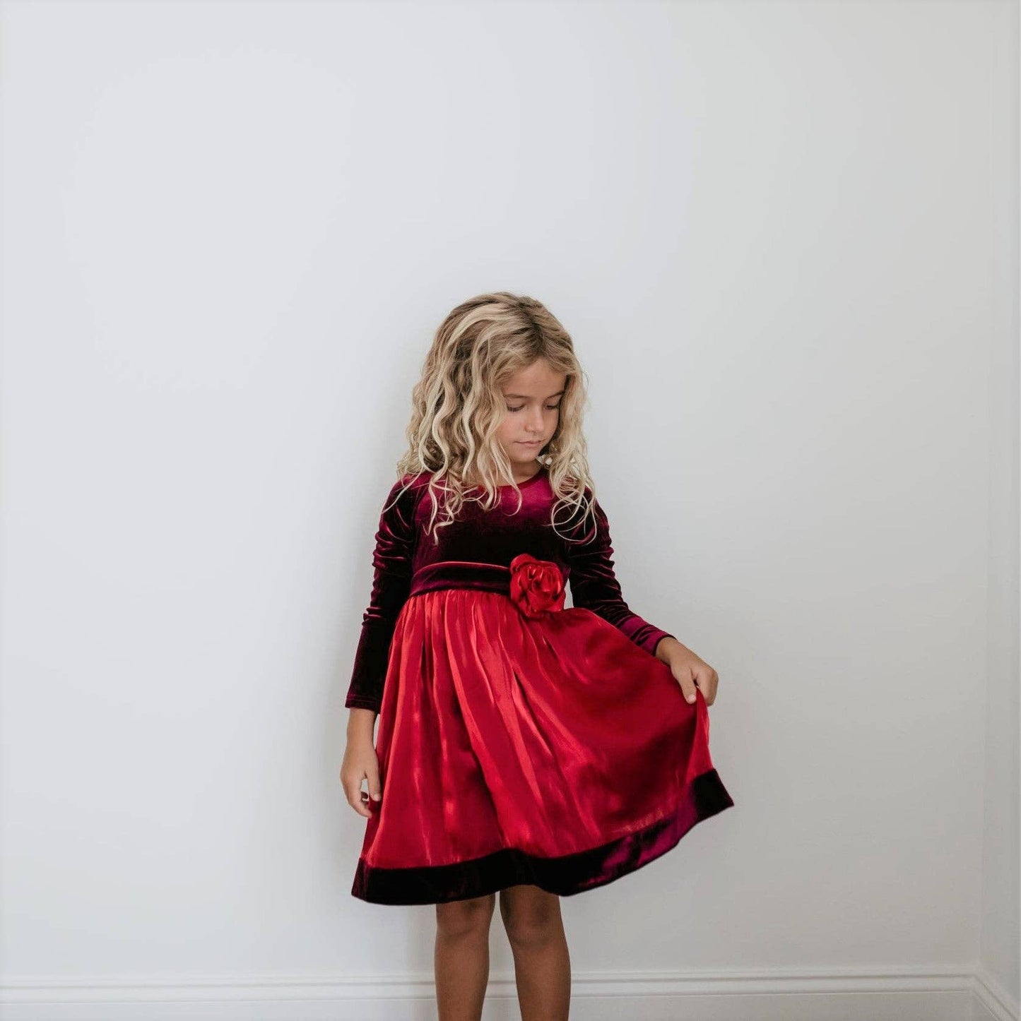 Kids Christmas Holiday Red Velvet Rosette Dress: 3/4