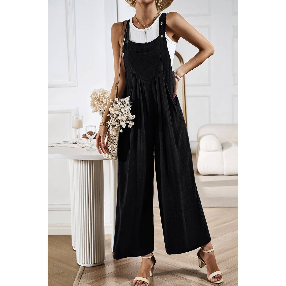 Solid Wide Leg Pocketed Shoulder Tie Overalls: Rust / XL