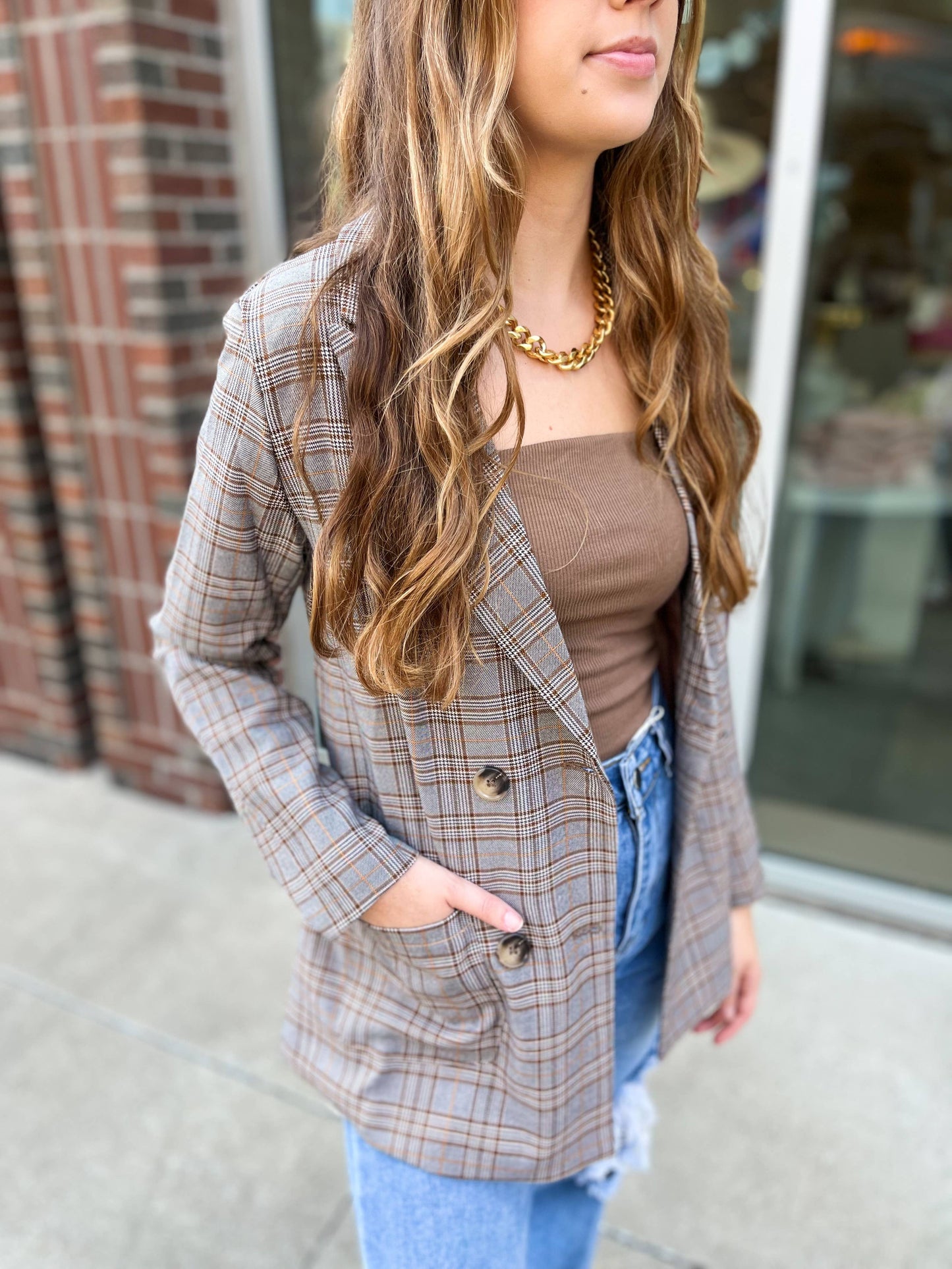 Preptastic Brown Orange Plaid Blazer: S