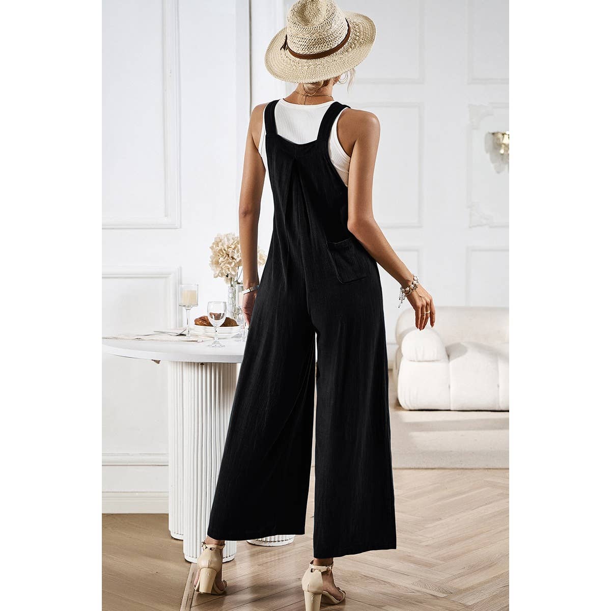 Solid Wide Leg Pocketed Shoulder Tie Overalls: Rust / XL