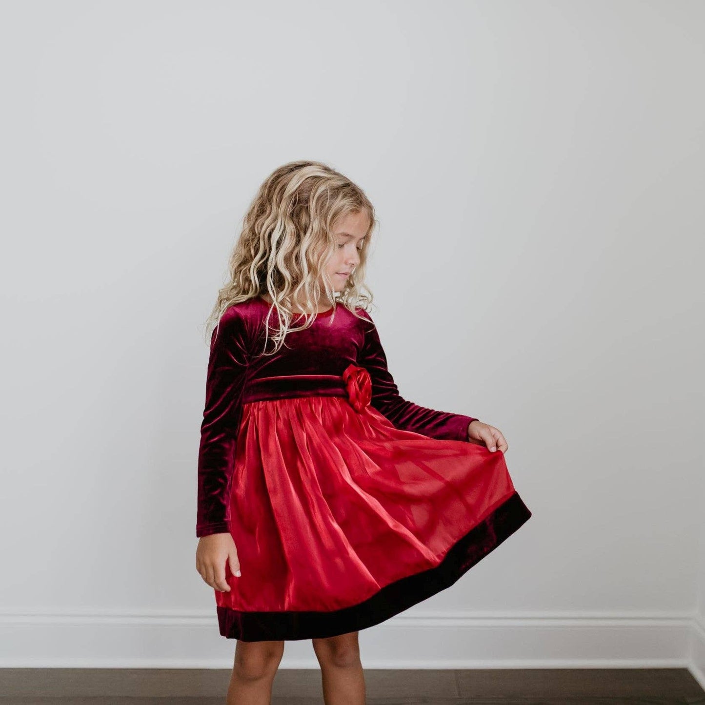 Kids Christmas Holiday Red Velvet Rosette Dress: 3/4