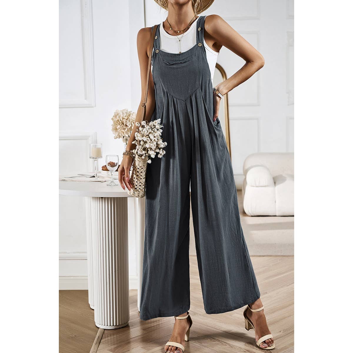 Solid Wide Leg Pocketed Shoulder Tie Overalls: Rust / XL