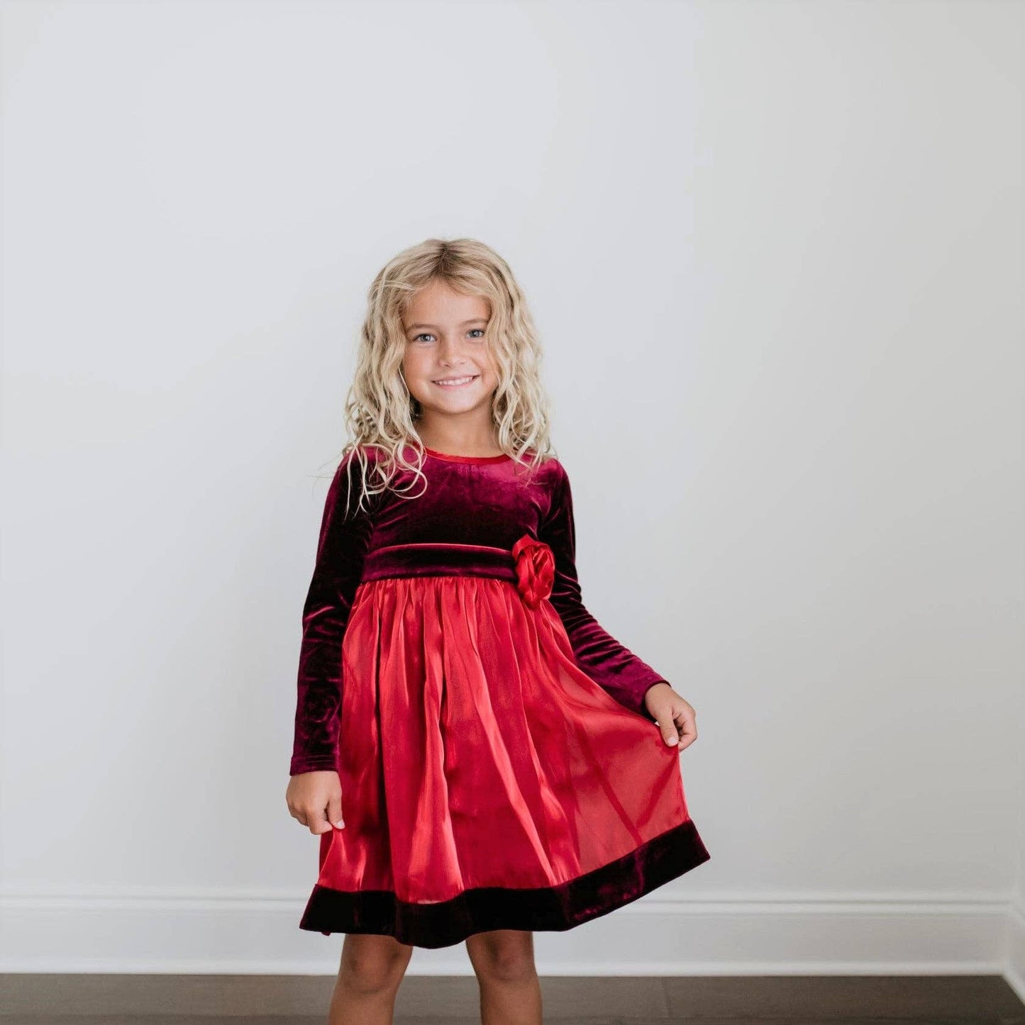 Kids Christmas Holiday Red Velvet Rosette Dress: 3/4