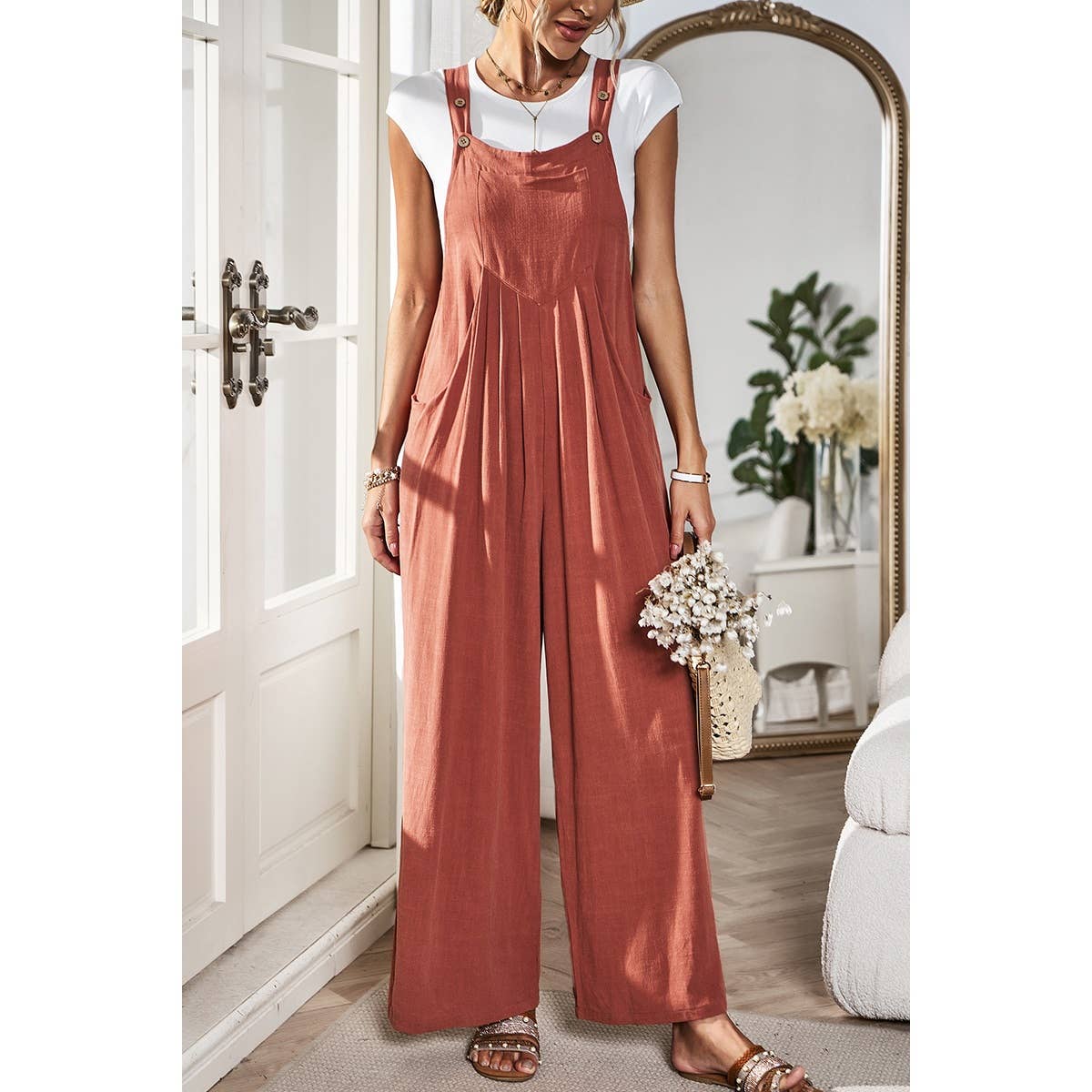 Solid Wide Leg Pocketed Shoulder Tie Overalls: Rust / XL