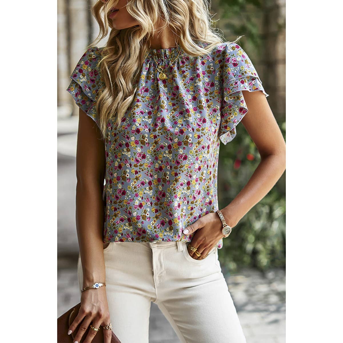 Floral Print Cowl Neck Flutter Sleeve Top: BLACK / S