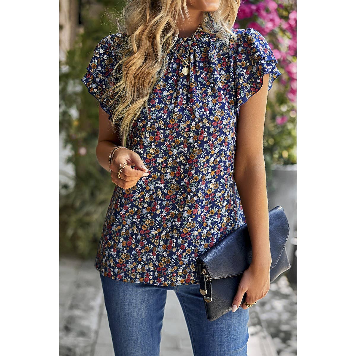 Floral Print Cowl Neck Flutter Sleeve Top: BLACK / S