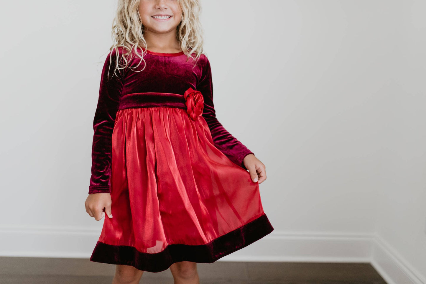 Kids Christmas Holiday Red Velvet Rosette Dress: 3/4