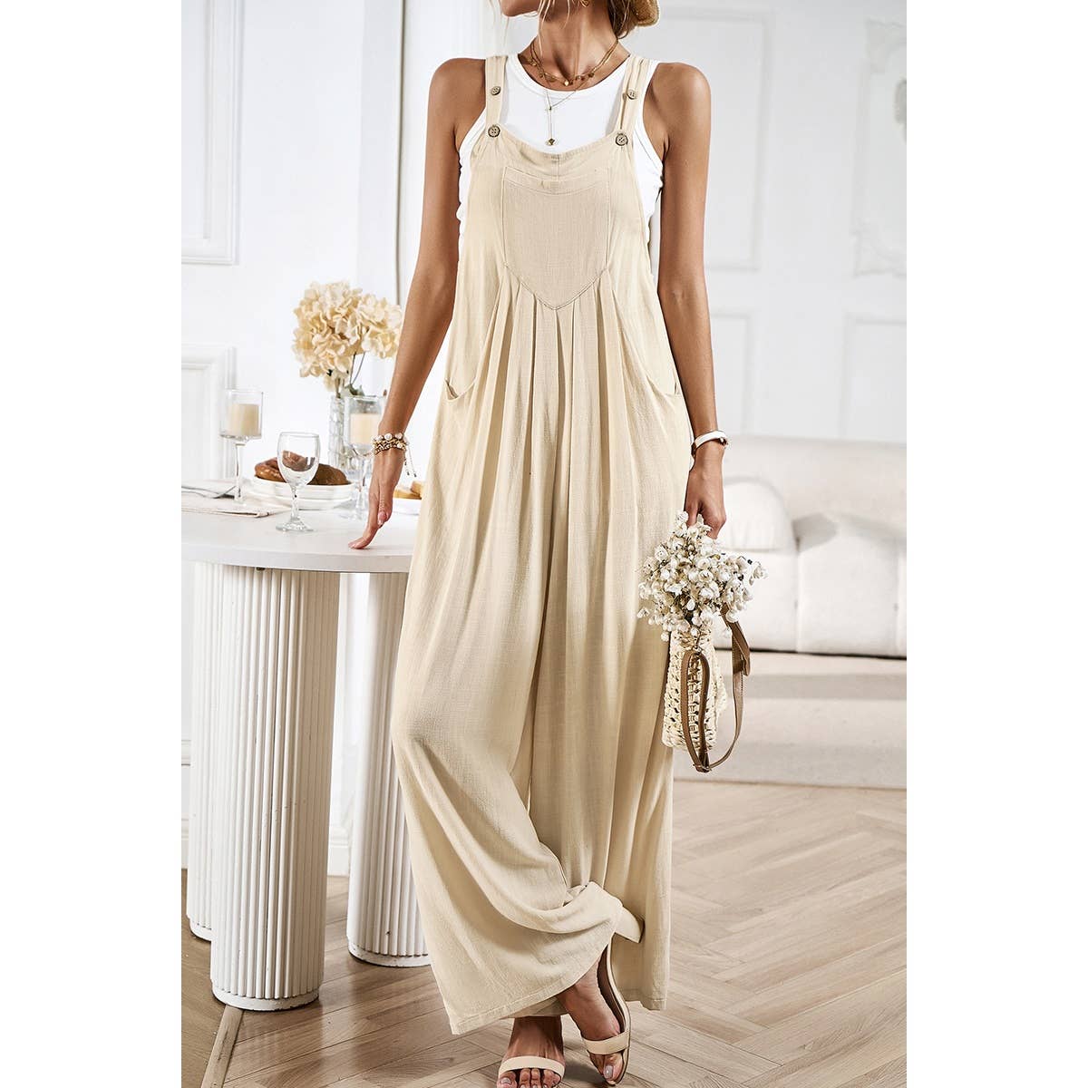 Solid Wide Leg Pocketed Shoulder Tie Overalls: Rust / XL