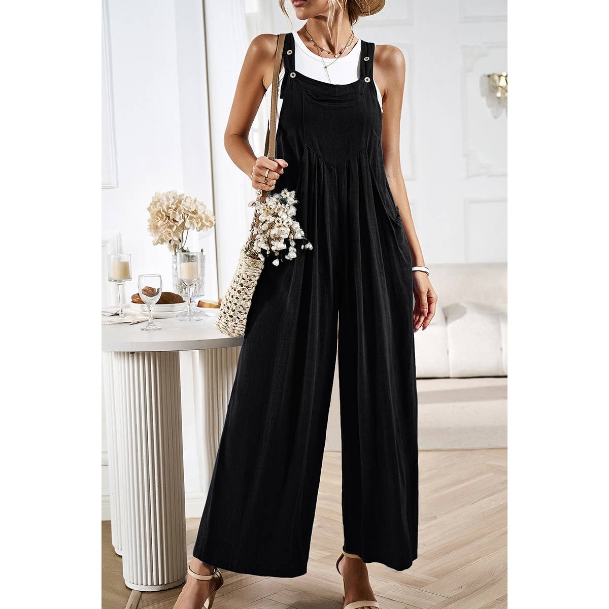 Solid Wide Leg Pocketed Shoulder Tie Overalls: Rust / XL