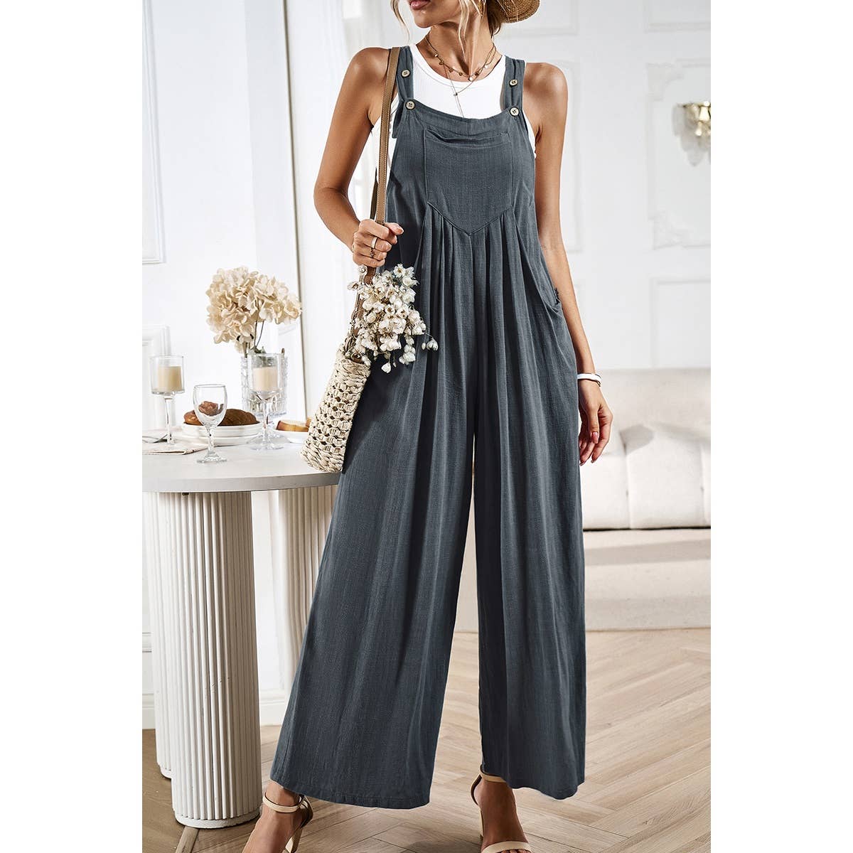 Solid Wide Leg Pocketed Shoulder Tie Overalls: Rust / XL