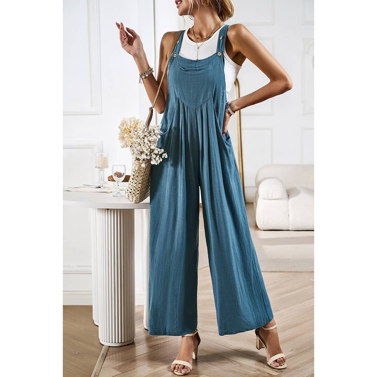 Solid Wide Leg Pocketed Shoulder Tie Overalls: Rust / XL