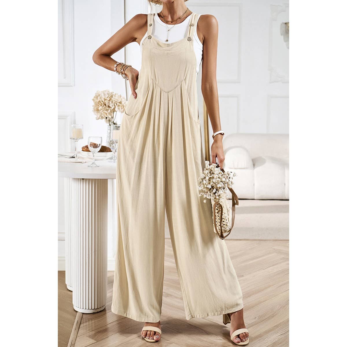 Solid Wide Leg Pocketed Shoulder Tie Overalls: Rust / XL