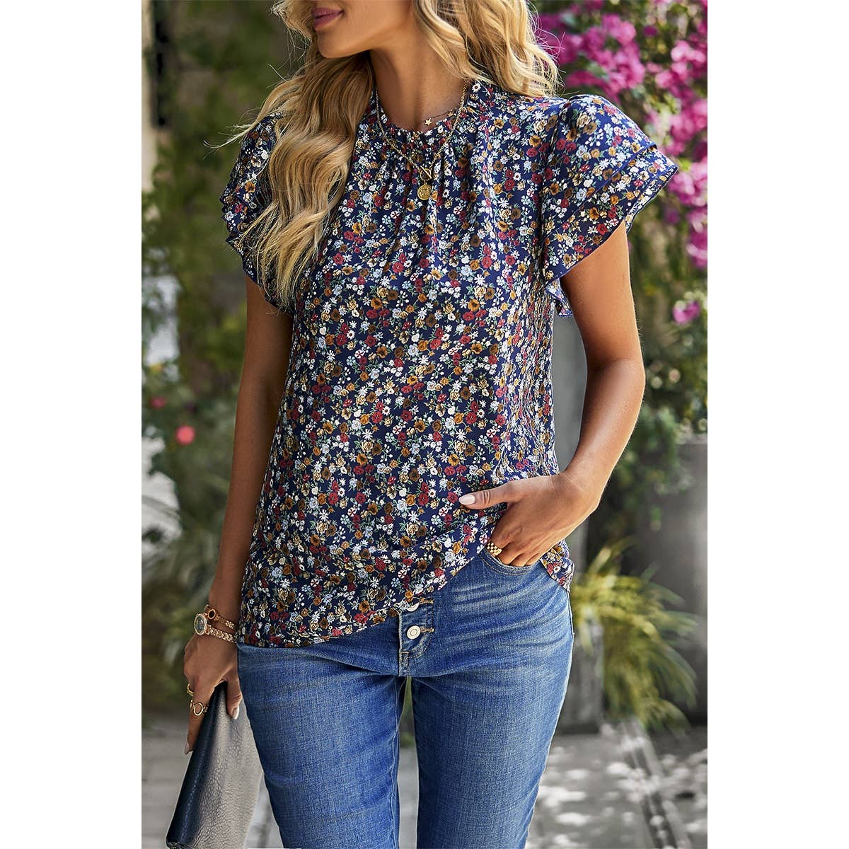 Floral Print Cowl Neck Flutter Sleeve Top: BLACK / S