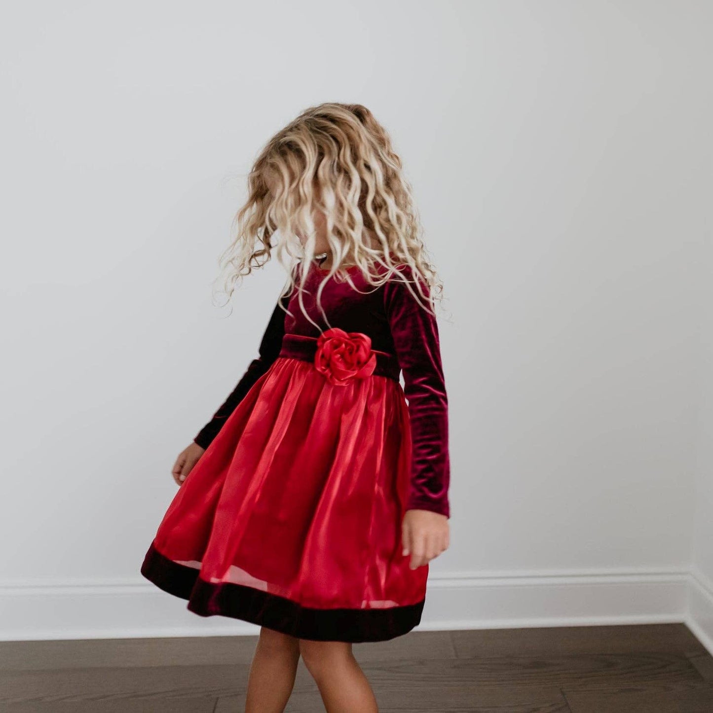 Kids Christmas Holiday Red Velvet Rosette Dress: 3/4
