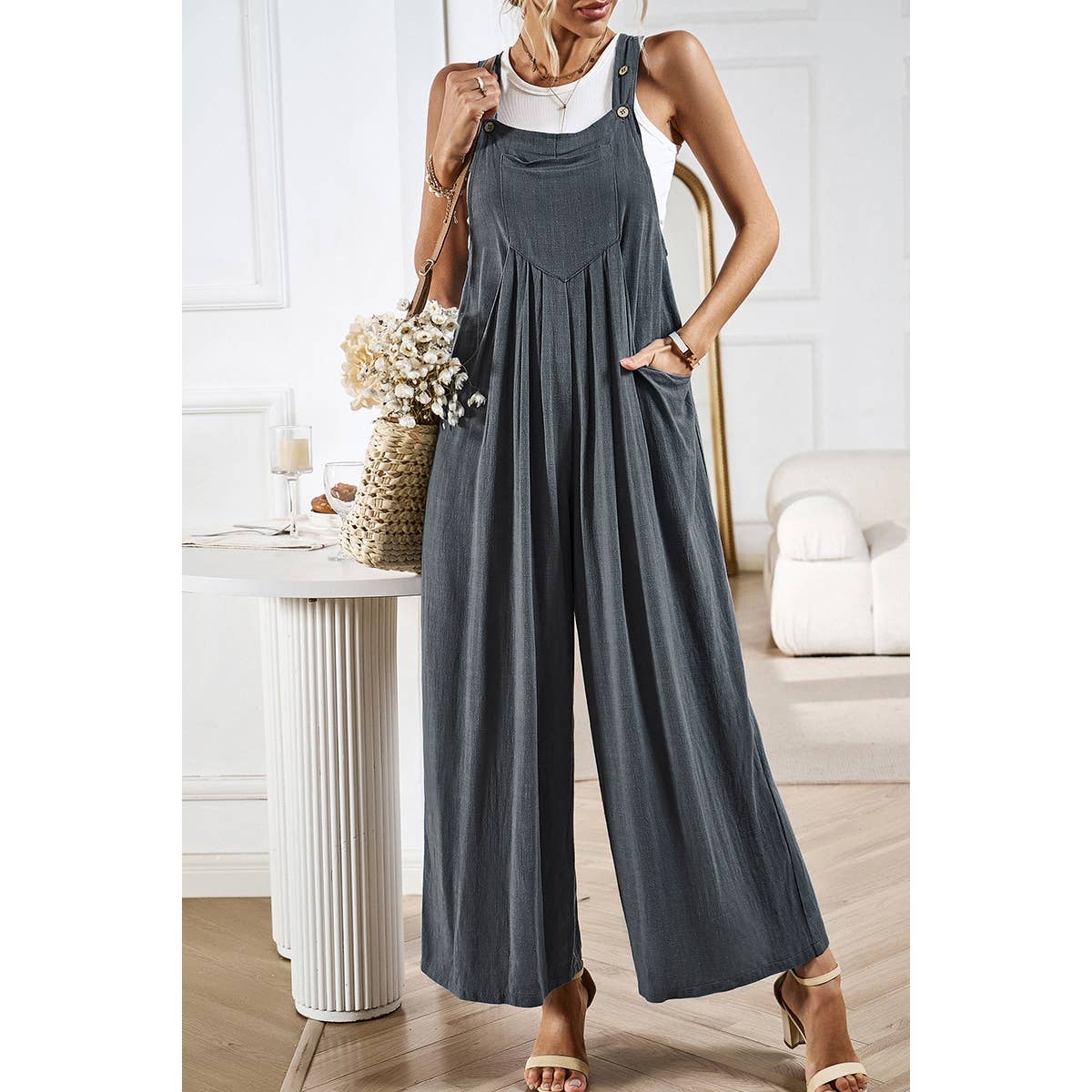 Solid Wide Leg Pocketed Shoulder Tie Overalls: Rust / XL