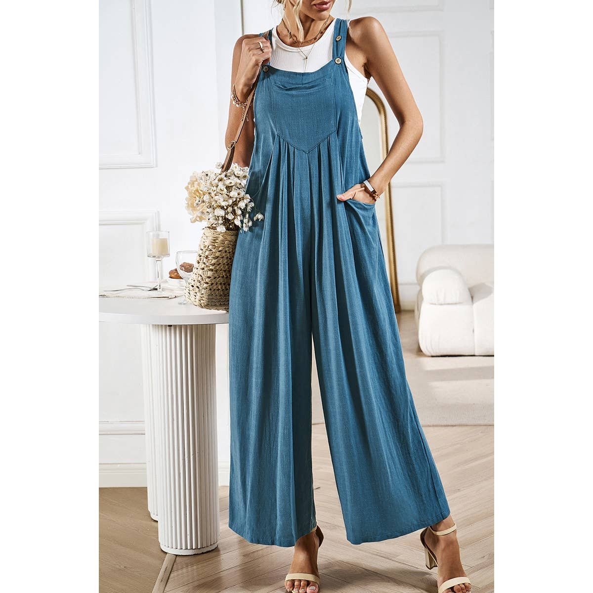 Solid Wide Leg Pocketed Shoulder Tie Overalls: Rust / XL