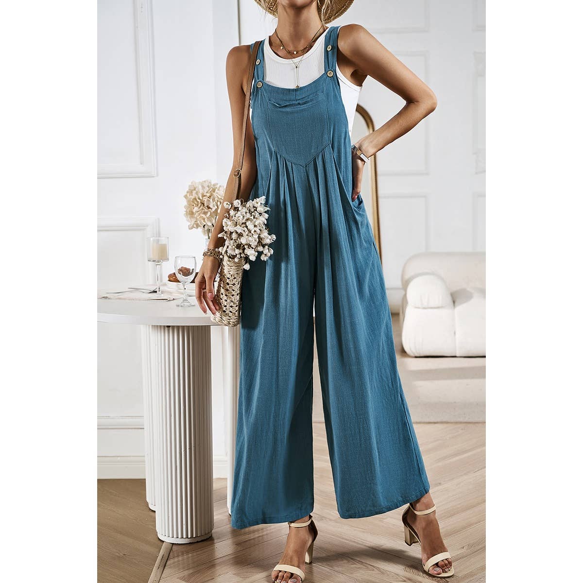 Solid Wide Leg Pocketed Shoulder Tie Overalls: Rust / XL