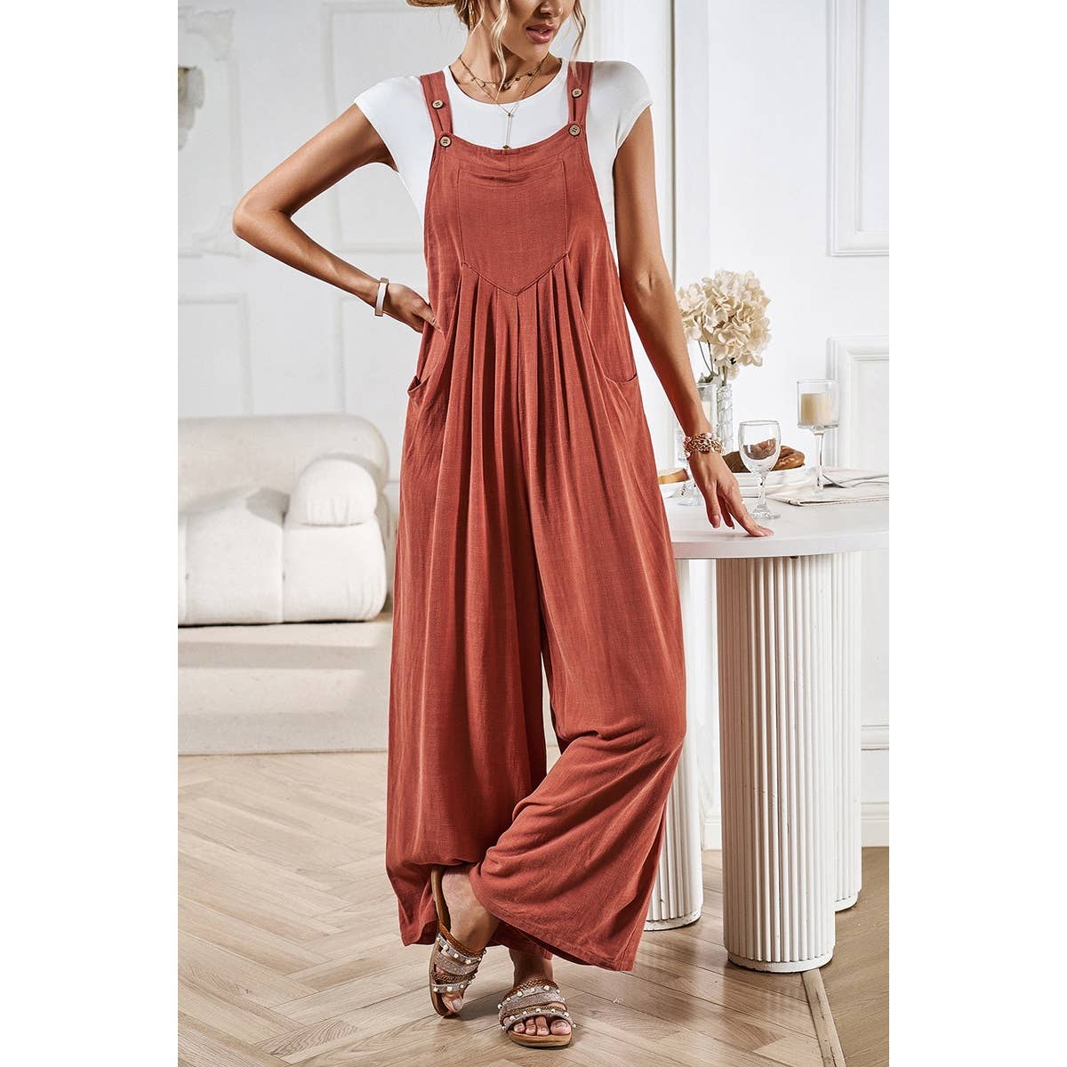 Solid Wide Leg Pocketed Shoulder Tie Overalls: Rust / XL