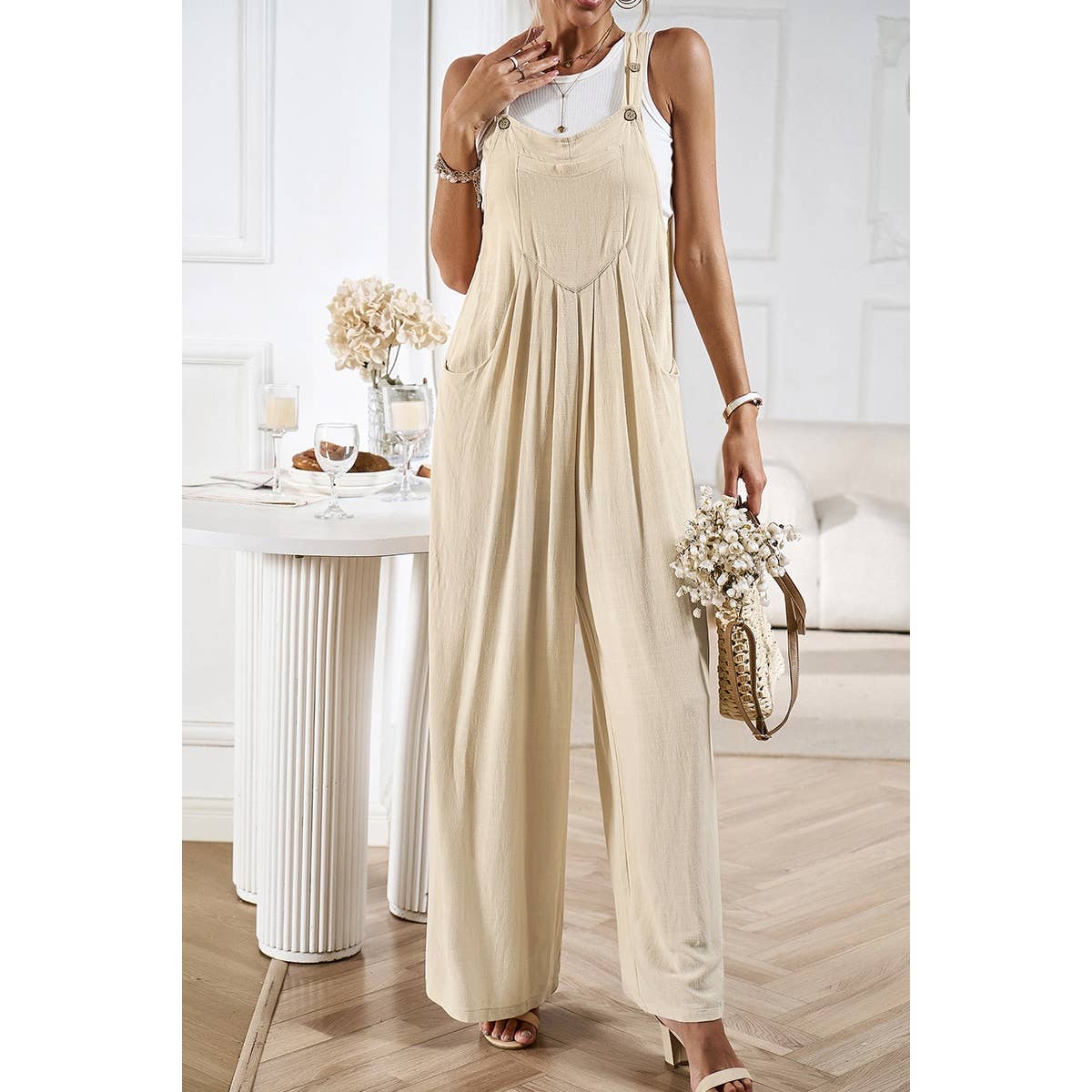 Solid Wide Leg Pocketed Shoulder Tie Overalls: Rust / XL