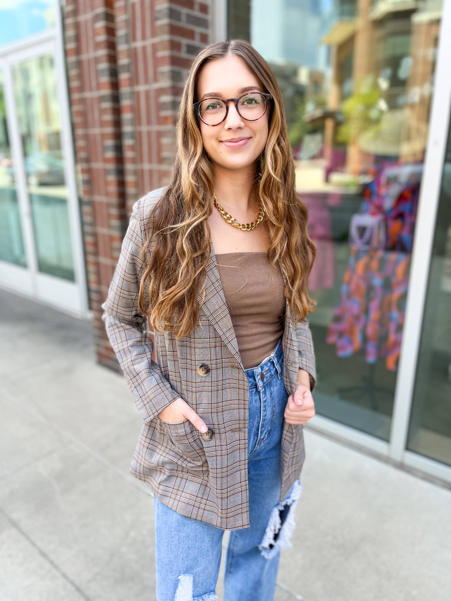 Preptastic Brown Orange Plaid Blazer: S