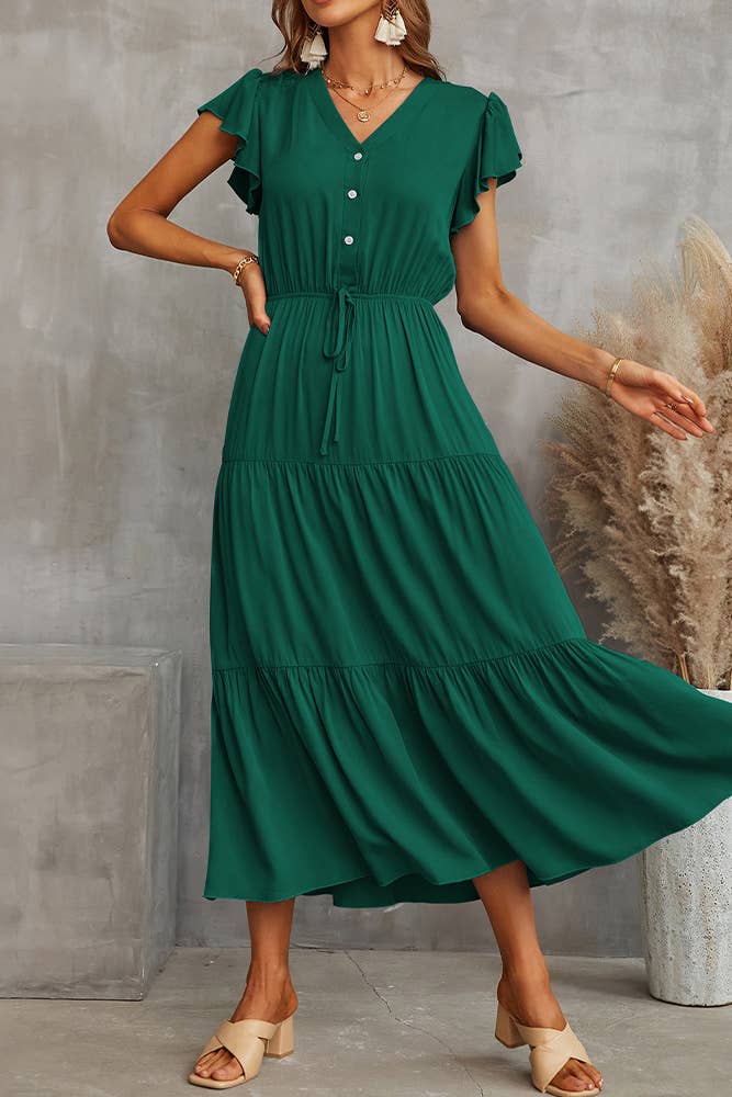 Solid Color Ruffles Short Sleeve Midi Dress