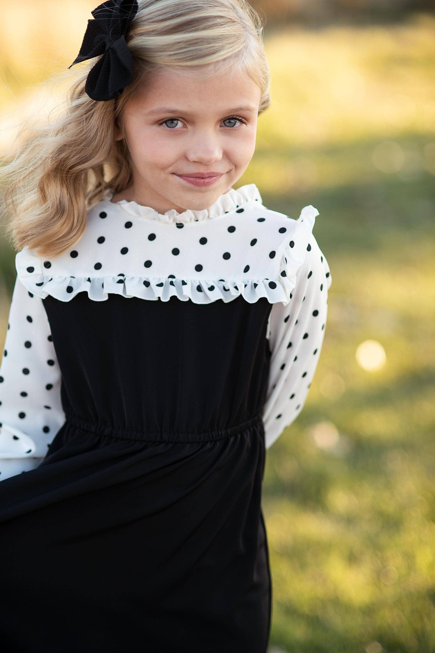 Kids Classic Black Polka Dot Ruffle Yolk Dress: 7/8