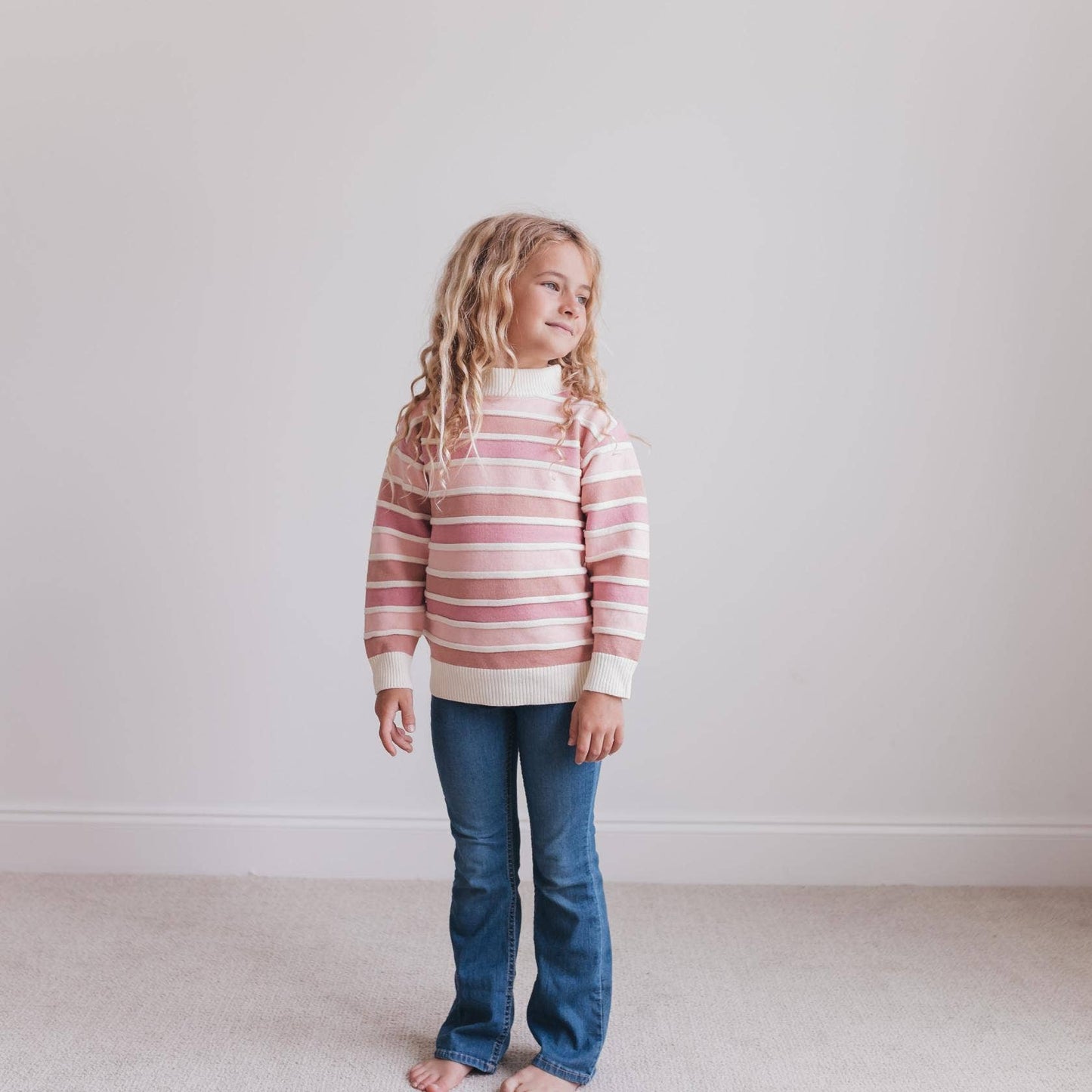 Kids Ombre Pink Stripe Ribbed Crew Neck Fall Winter Sweater: 10/12