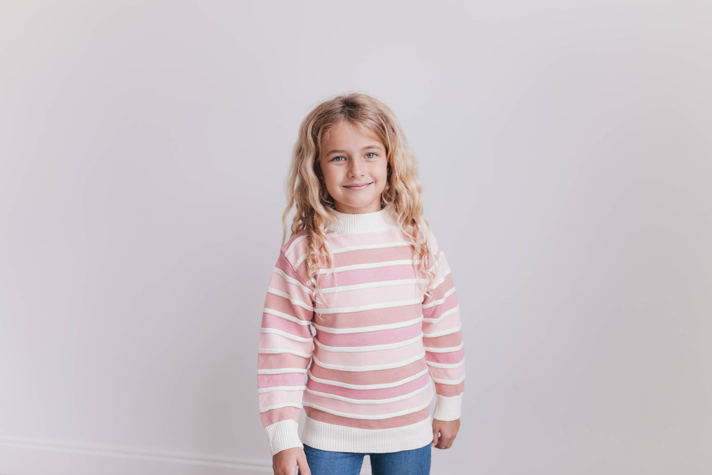 Kids Ombre Pink Stripe Ribbed Crew Neck Fall Winter Sweater: 10/12