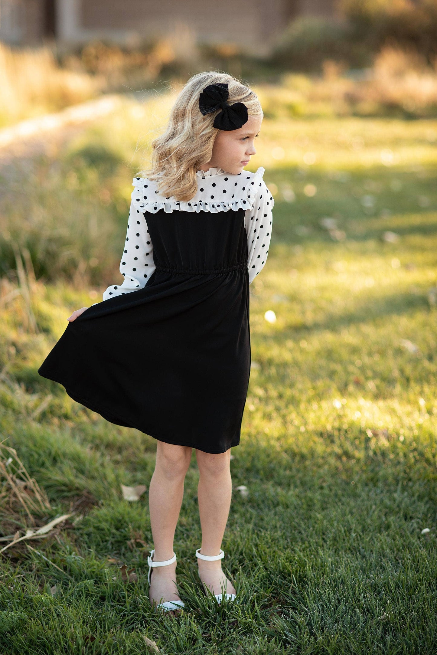 Kids Classic Black Polka Dot Ruffle Yolk Dress: 7/8