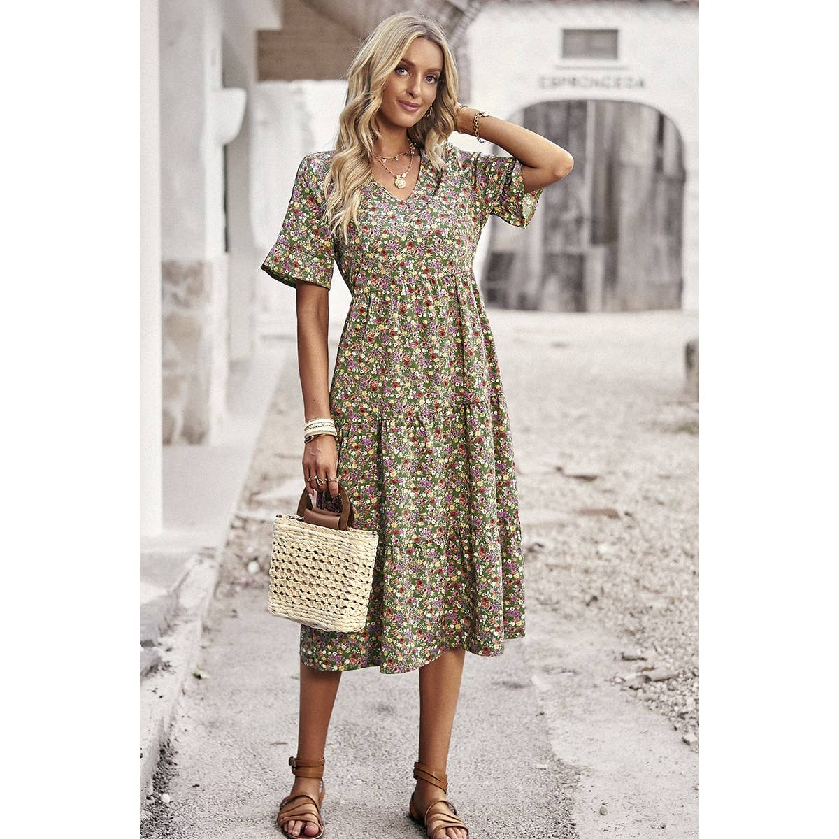 Floral Print Fit Ruffle Sleeve Midi Dress: BEIGE / M