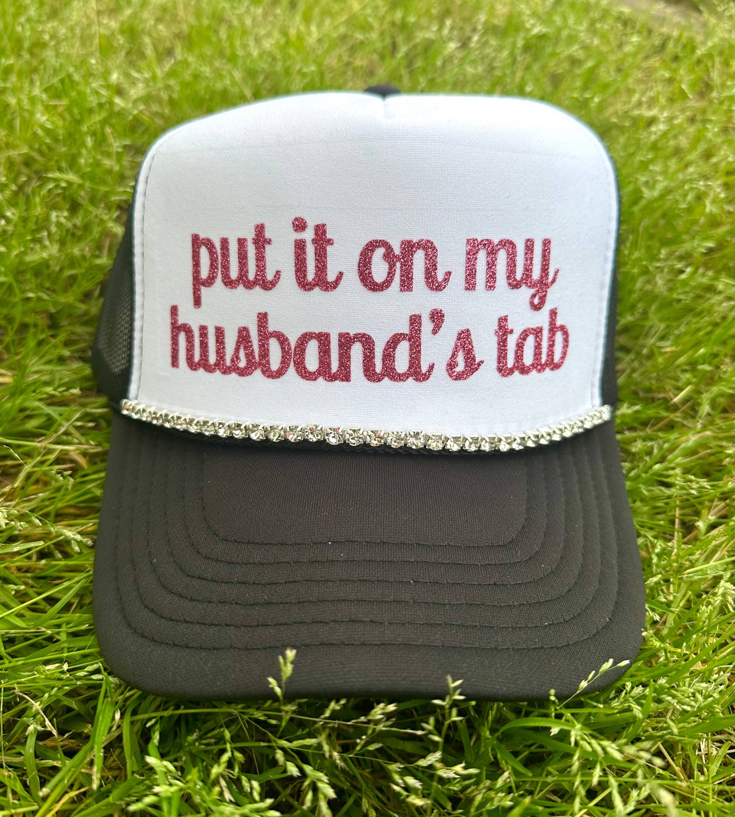 Put It On My Husband's Tab Trucker Hat: Neon Pink