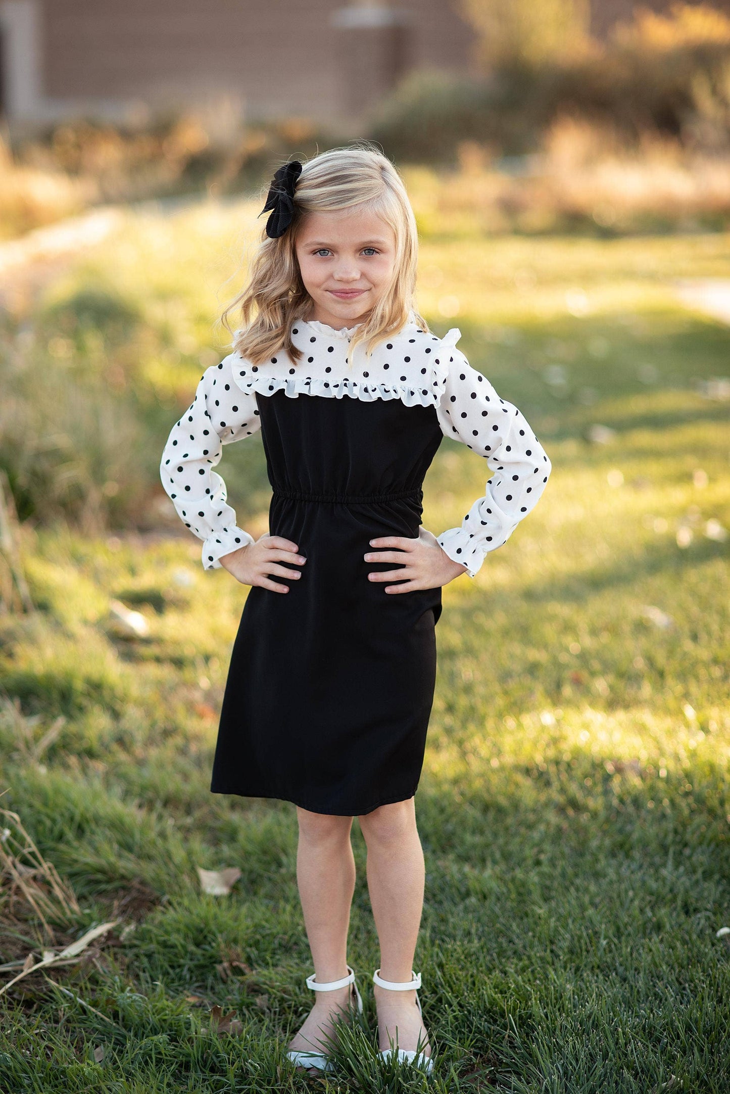 Kids Classic Black Polka Dot Ruffle Yolk Dress: 7/8