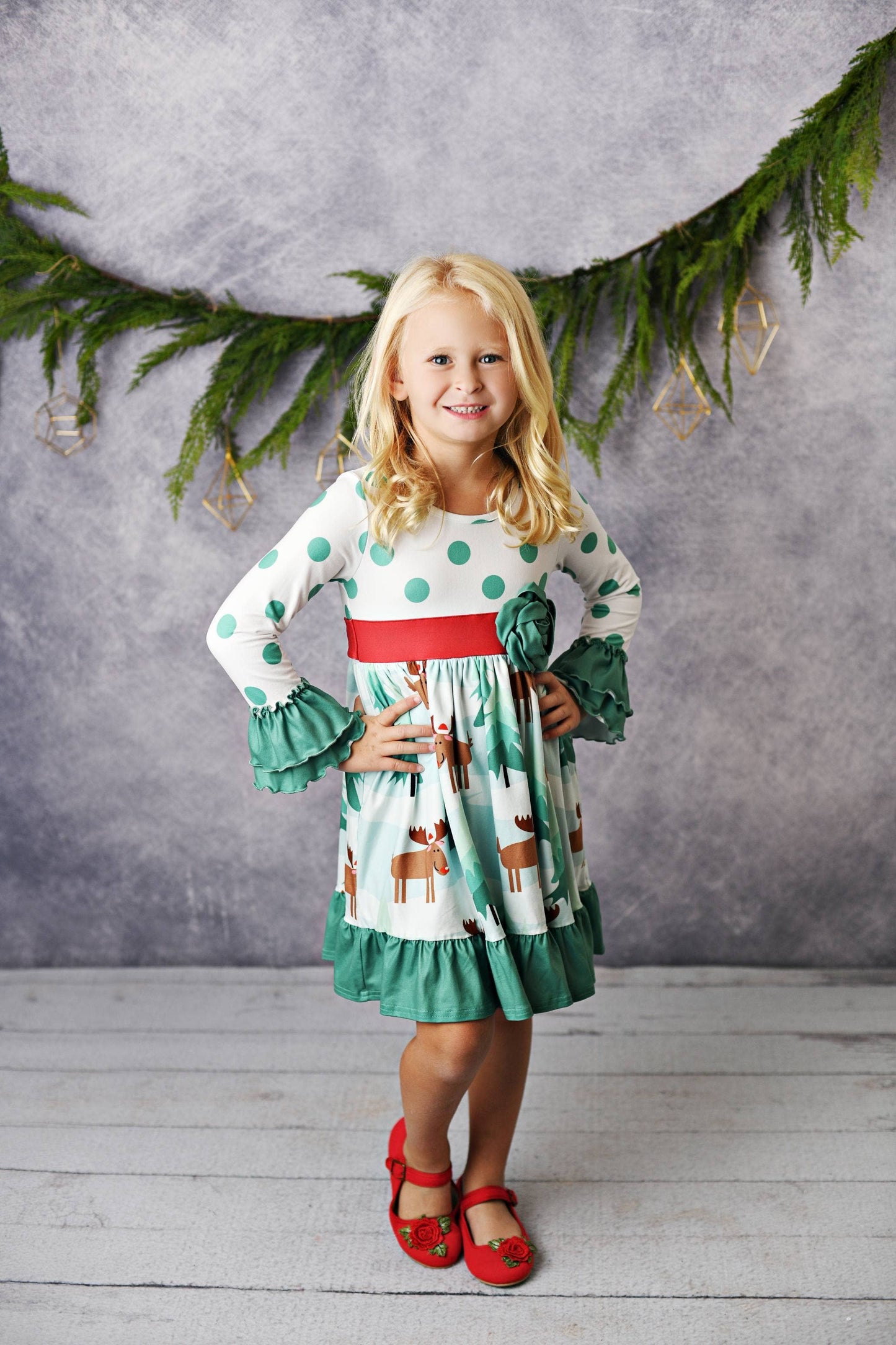 Kids Christmas Moose Rosette Dress: 2