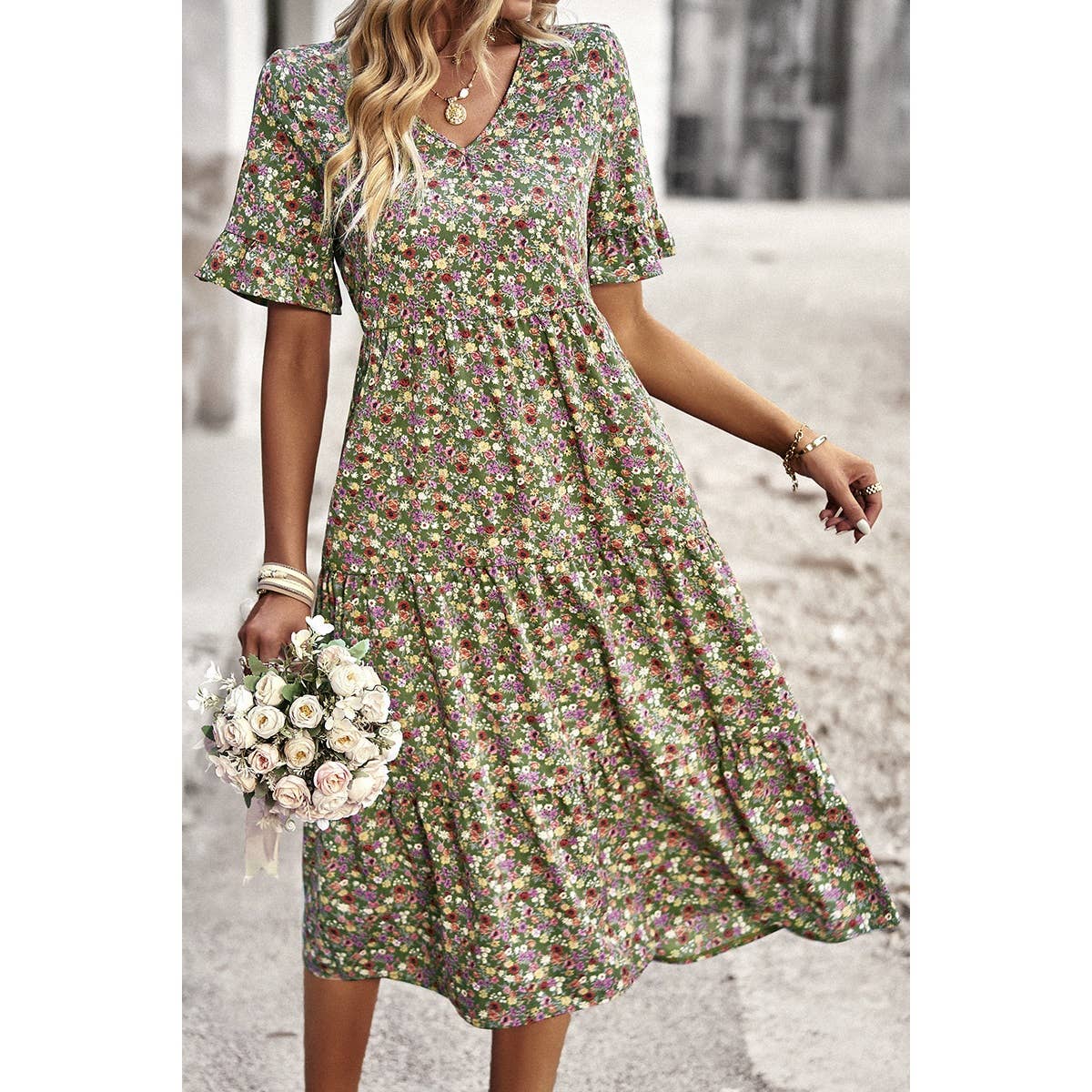 Floral Print Fit Ruffle Sleeve Midi Dress: BEIGE / M