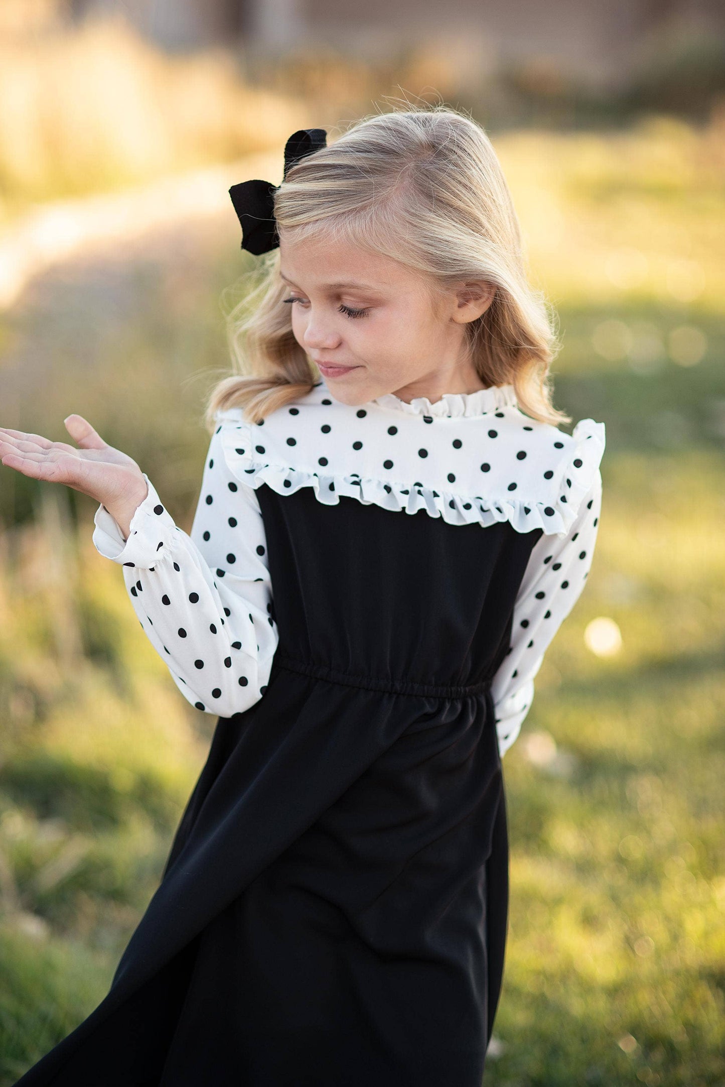 Kids Classic Black Polka Dot Ruffle Yolk Dress: 7/8