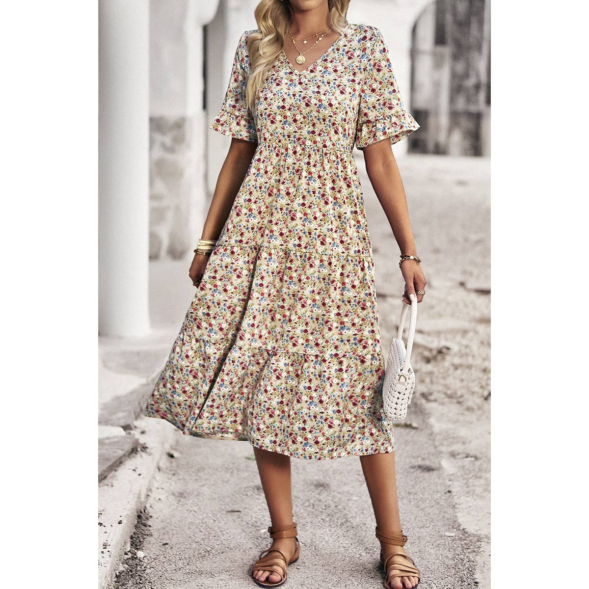 Floral Print Fit Ruffle Sleeve Midi Dress: BEIGE / M