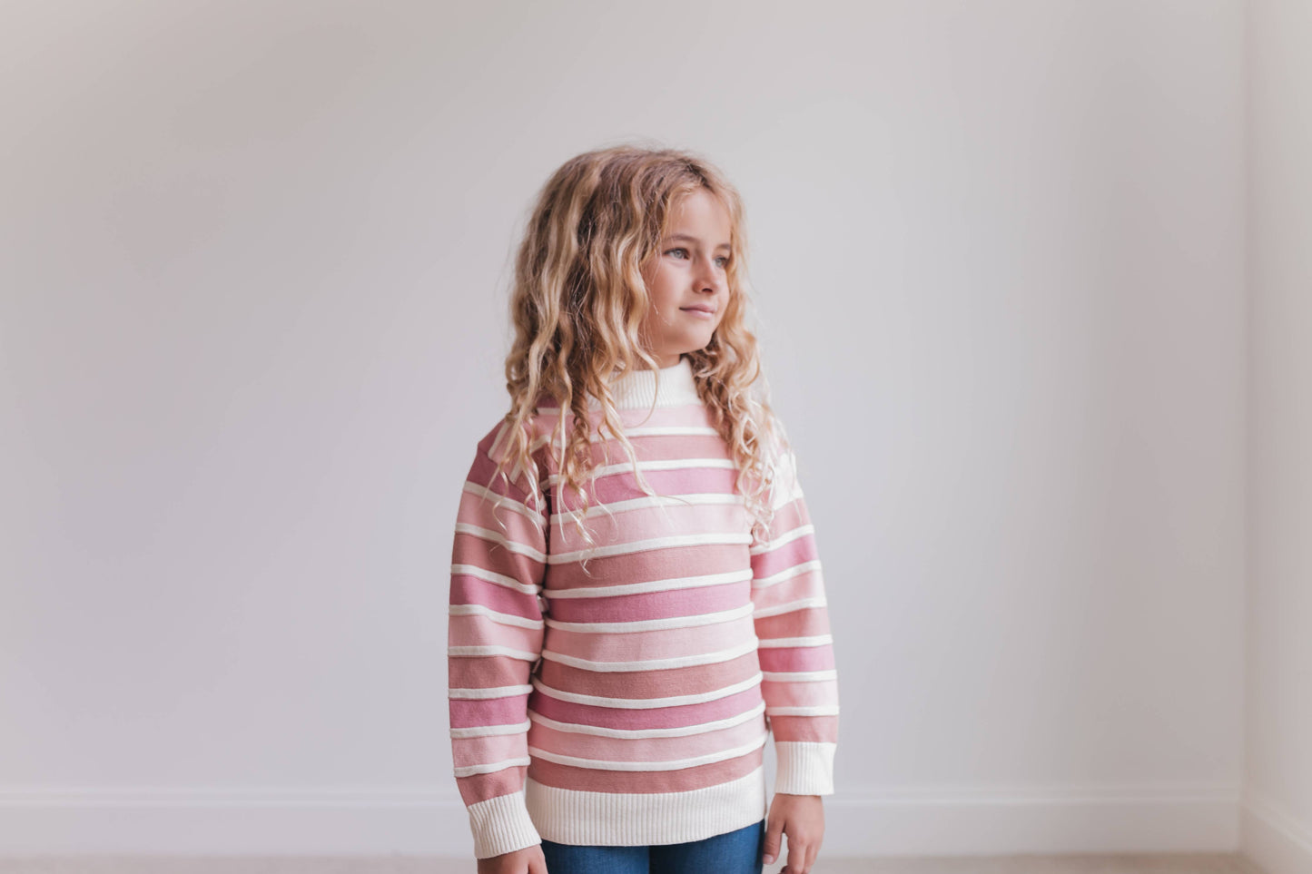 Kids Ombre Pink Stripe Ribbed Crew Neck Fall Winter Sweater: 10/12