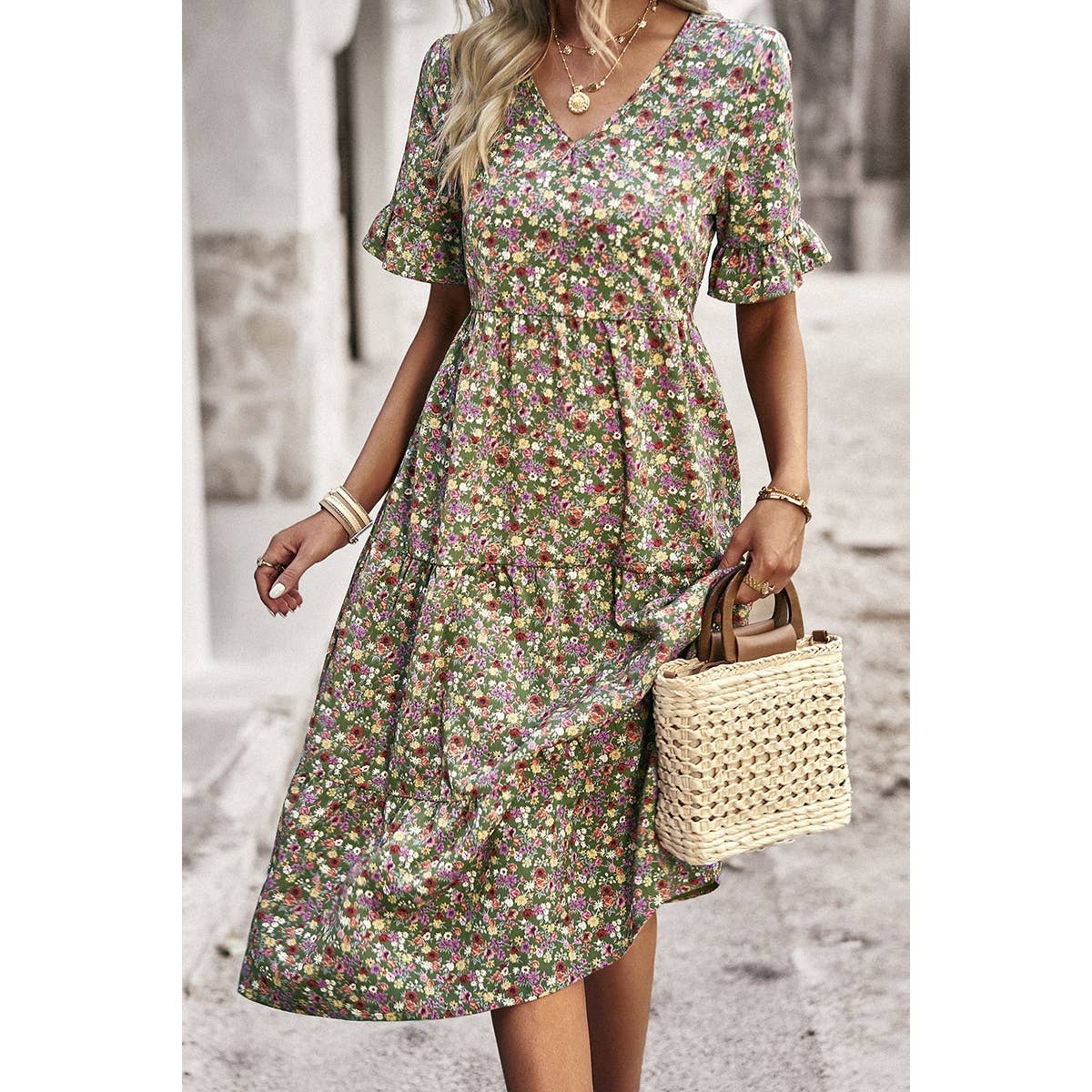 Floral Print Fit Ruffle Sleeve Midi Dress: BEIGE / M