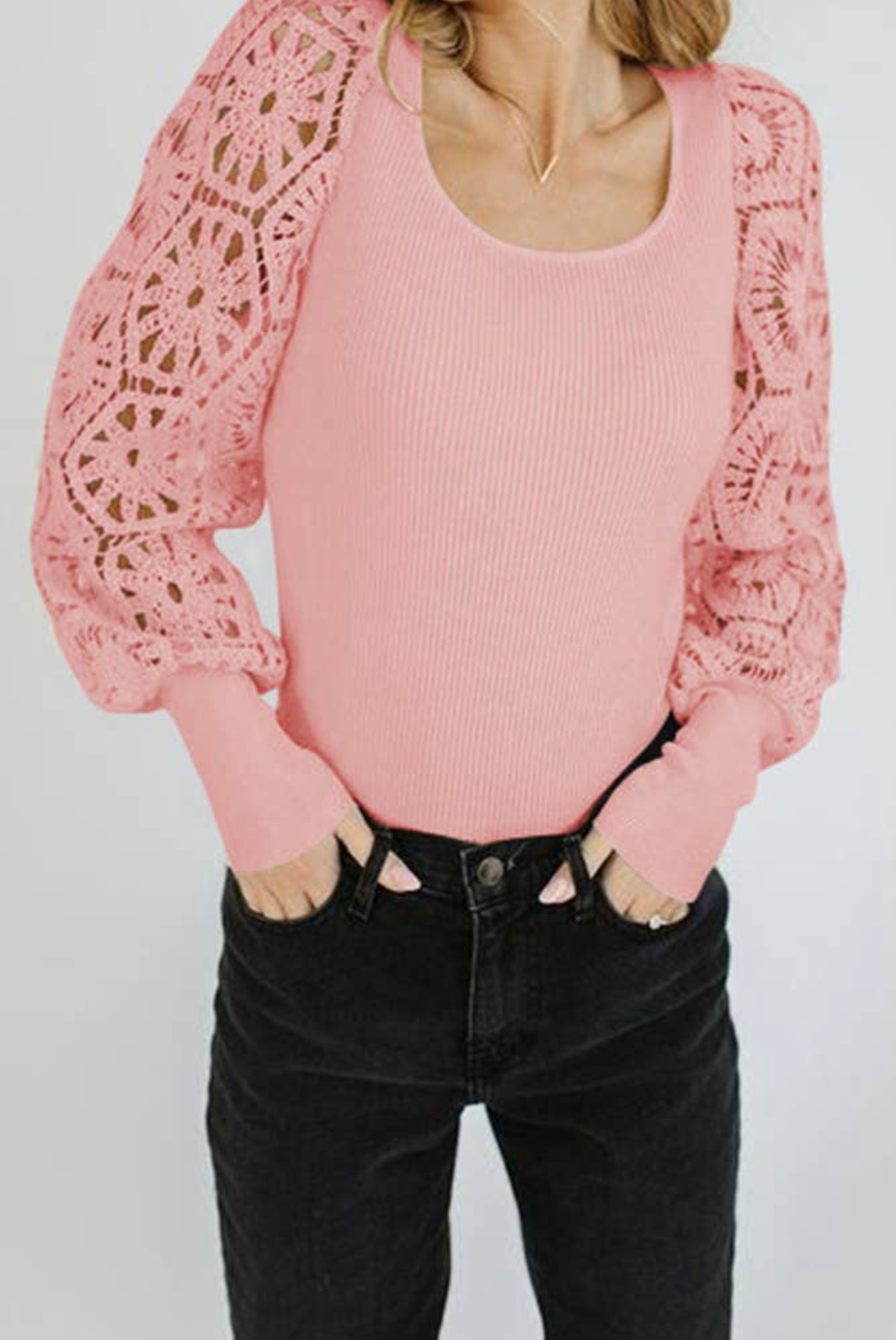 Crochet Lace Puff Sleeves Knit Top