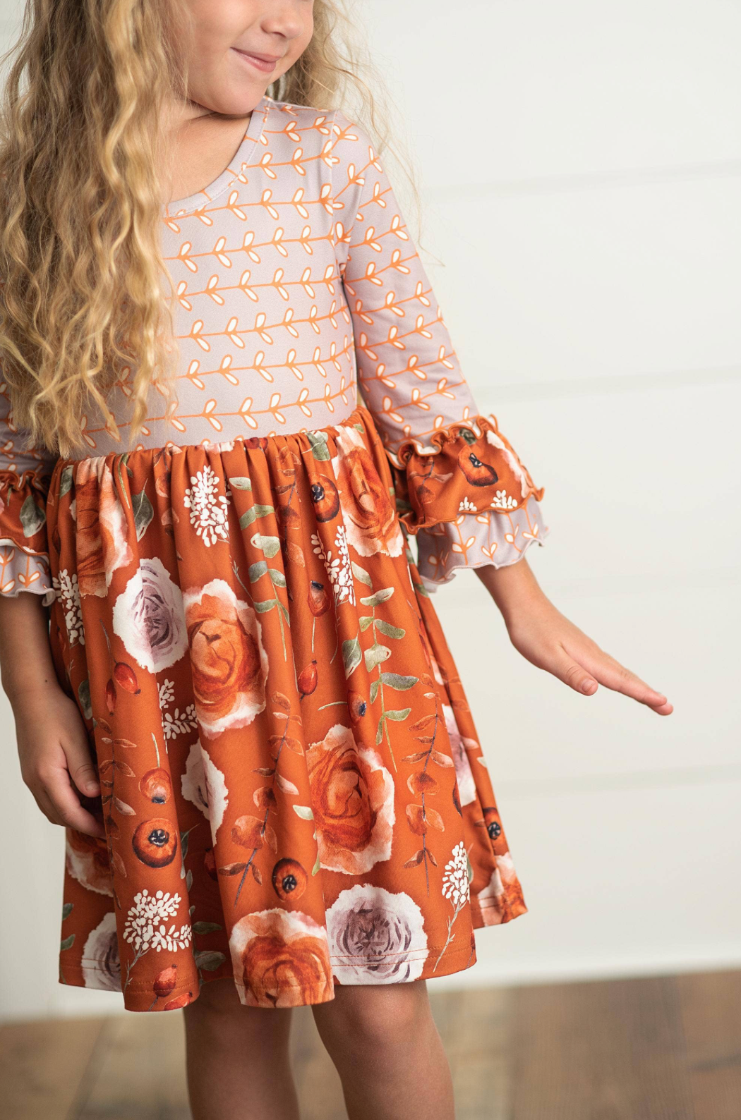 Kids Rust  Floral Twirl Fall Ruffles Dress