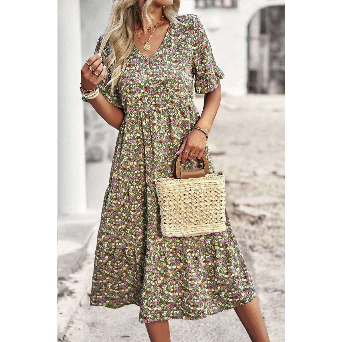 Floral Print Fit Ruffle Sleeve Midi Dress: BEIGE / M