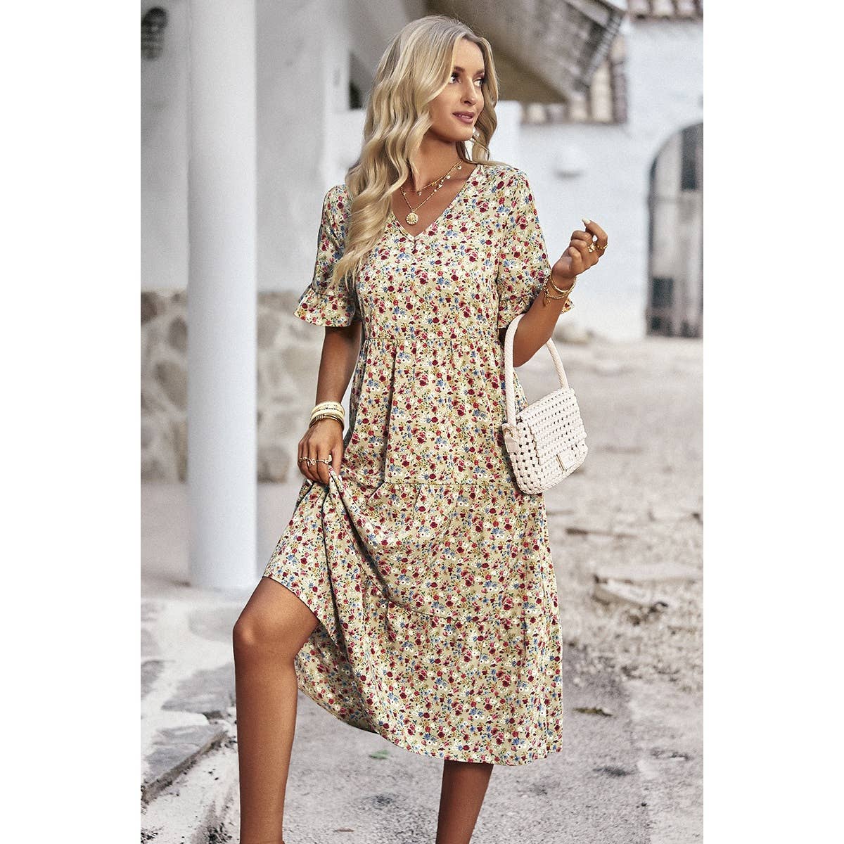 Floral Print Fit Ruffle Sleeve Midi Dress: BEIGE / M