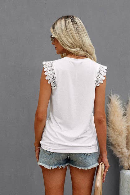 Round Neck Hollow Shoulder Deco Top: WHITE / L / 65%POLYESTER 35%COTTON