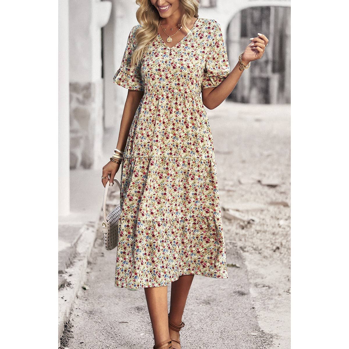 Floral Print Fit Ruffle Sleeve Midi Dress: BEIGE / M