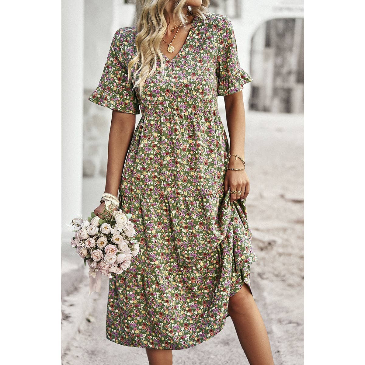 Floral Print Fit Ruffle Sleeve Midi Dress: BEIGE / M