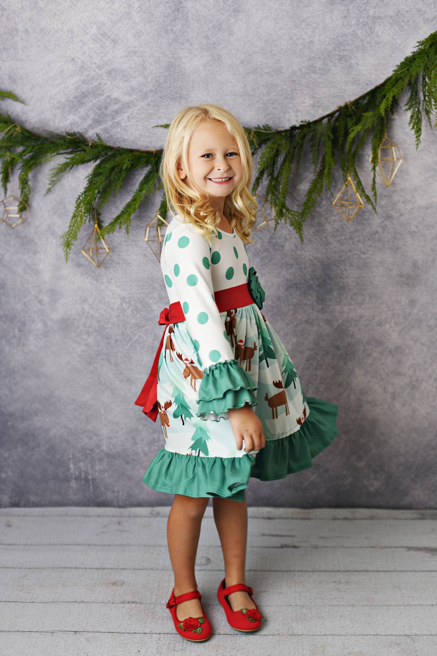 Kids Christmas Moose Rosette Dress: 2