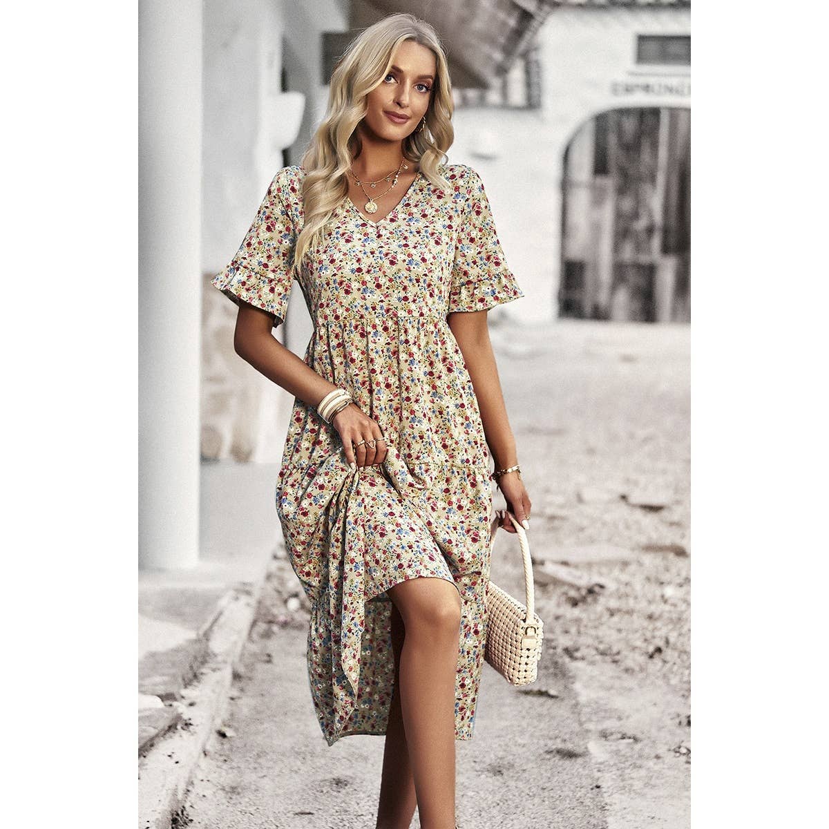 Floral Print Fit Ruffle Sleeve Midi Dress: BEIGE / M