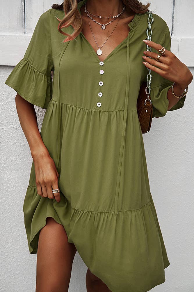 Solid Color V-neck Tie A-line Midi Dress